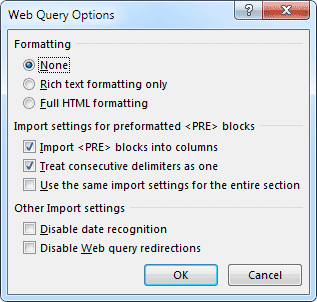 Web Query Options dialogue box