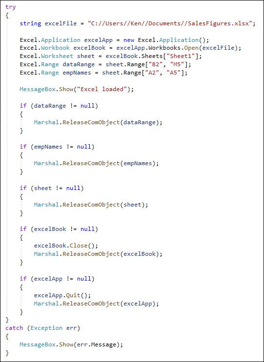 Connect to Excel with VB and C