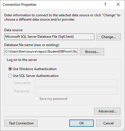 The Connection Properties dialog box