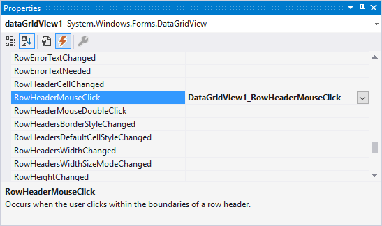 The RowHeaderMouseClick event for a DataGridView control in Visual Studio