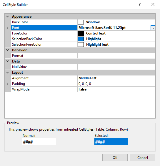 The CellStyle Builder dialog box used to set the font on a DataGridView