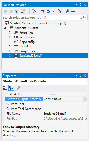 The Copy to Output Directory property of MDF database in Visual Studio, C#