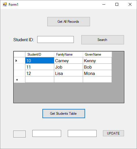 A Windows Form showing a DataGrid filled with records from the Students database table
