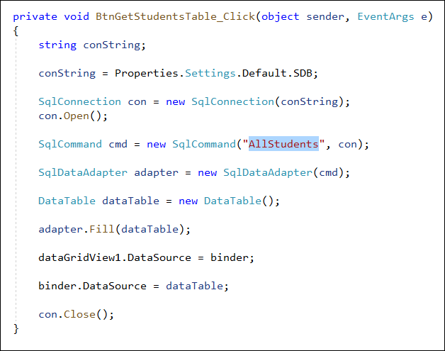 C# code showing an update to the Stored Procedure