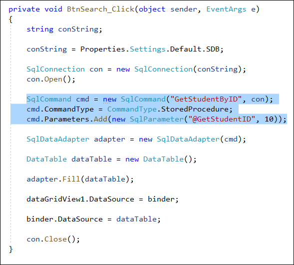 C# code showing the use of CommandType.StoredProcedure and the Parameter property