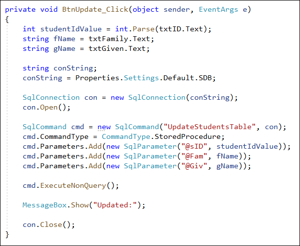 C# code to update a Sql Server database table with a Stored Procedure and three parameters