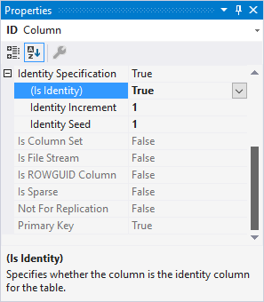 Identity Specification, setting IsIdentity to True for a table coulmn