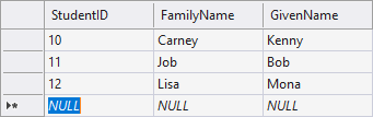 A list of names added to the Students database table