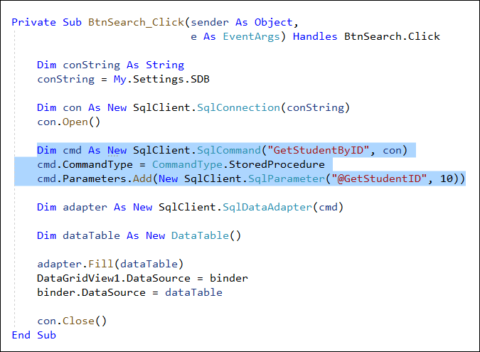 VB Net code showing the use of CommandType.StoredProcedure and the Parameter property