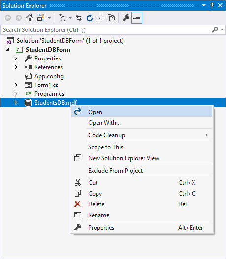 The Solution Explorer in Visual Studio showing a database highlighted and a sub menu displayed