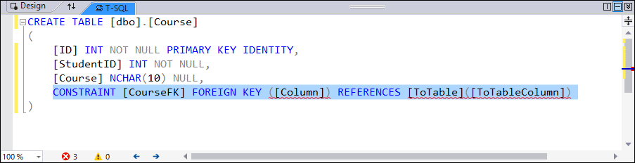 The T-SQL window showing a Constraint