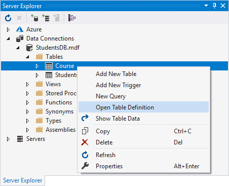 The SQL Server Explorer window with the Open Table Definition menu highlighted
