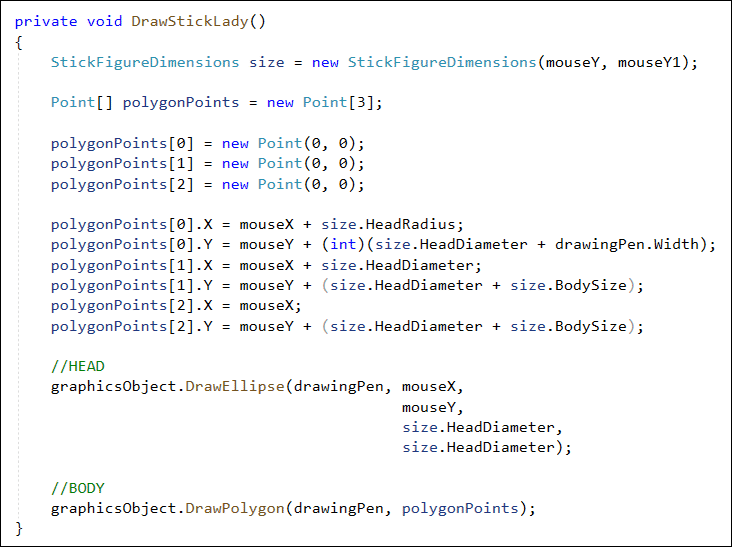 C# to draw the head and body of a stick figure woman