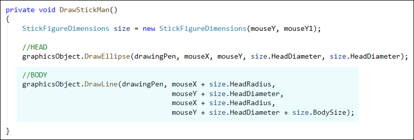 C# code to draw the head and body of a stick figure