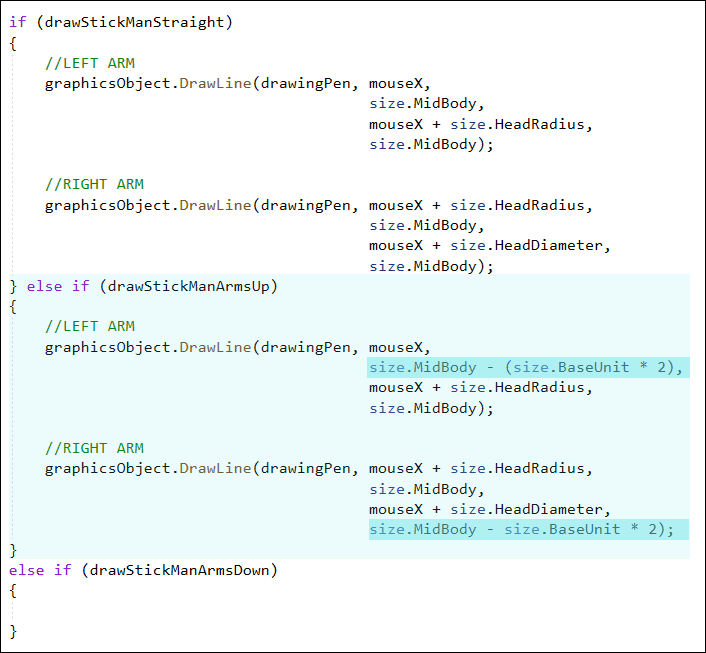 C# code to draw a stick man figure with arms raised