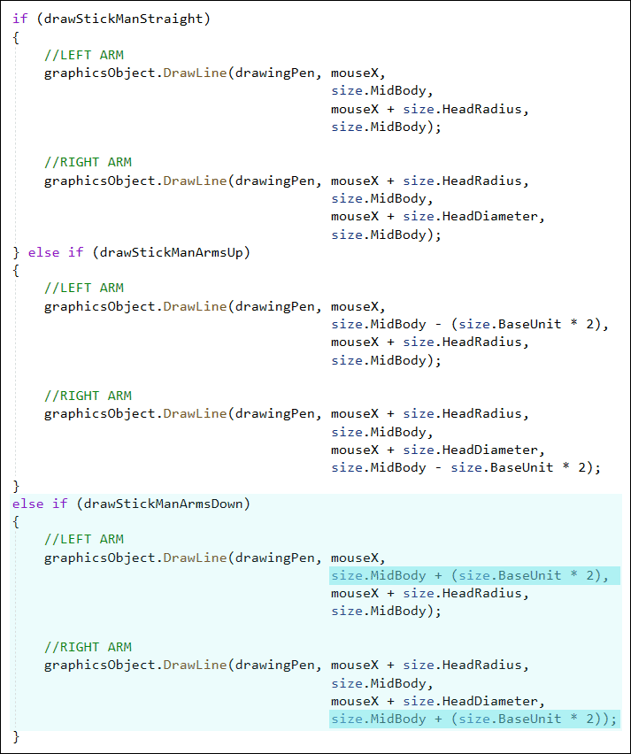 C# code to draw a stick man figure with arms down