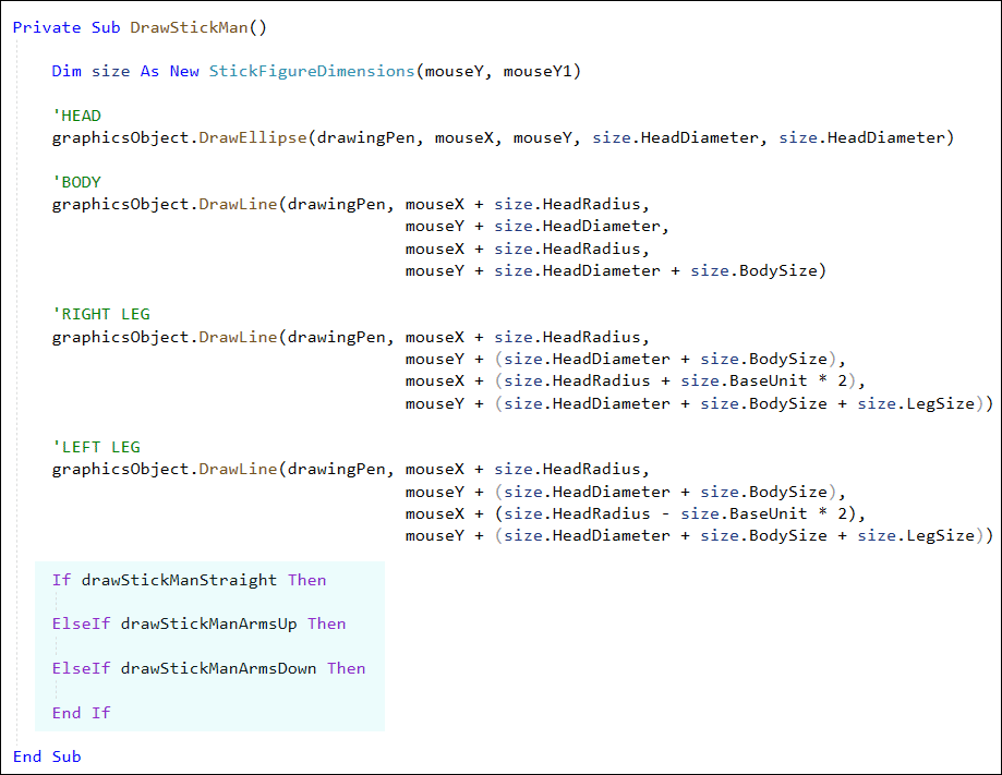VB Net Subroutines to draw stick figure arms