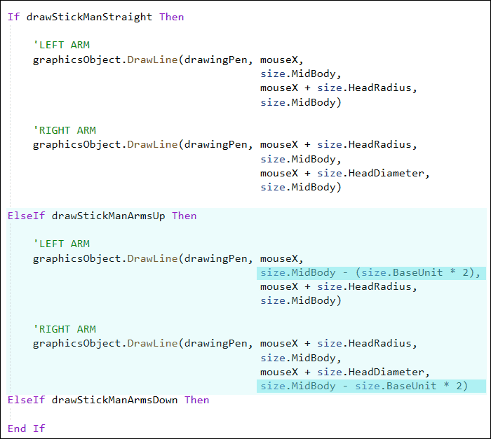 VB Net code to draw a stick man figure with arms raised