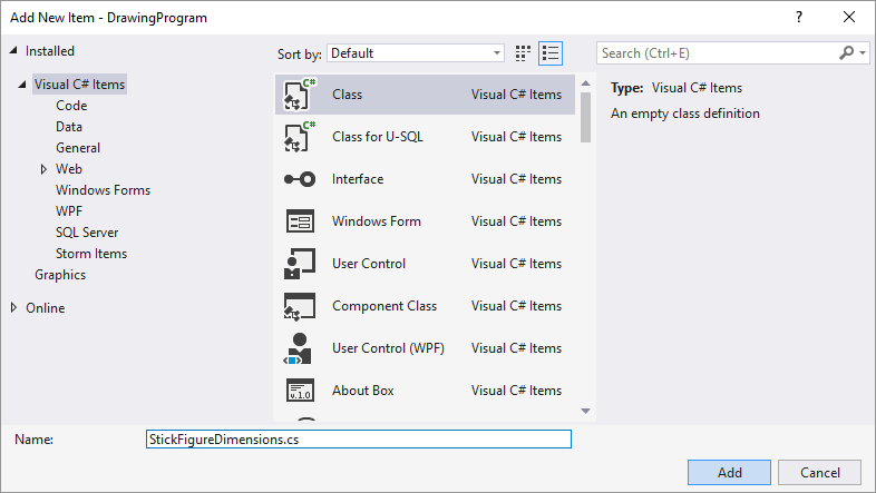 The Add New Item dialog box in Visual Studio