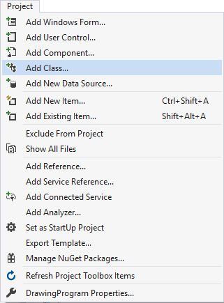 Visual Studio menu showing the Add Class item
