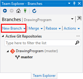 The New Branch item highlighted on the Visual Studio Team Explorer panel