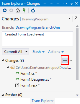 The Stage All button highlighted on the Team Explorer tab of Visual Studio