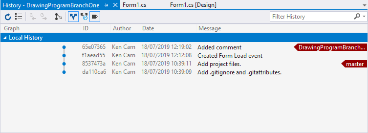 Visual Studio window showing a history of the changes you have made to a project