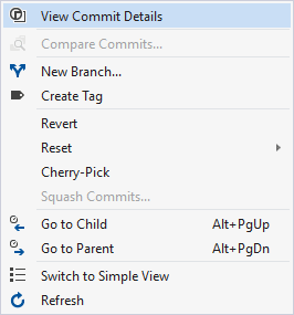 Visual Studio menu showing the View Commit Details option