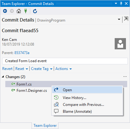 Team Explorer showing the changes made and a menu with an Open option highlighted
