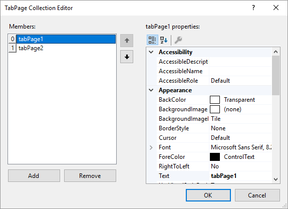 The TabPage Collection Editor in Visual Studio