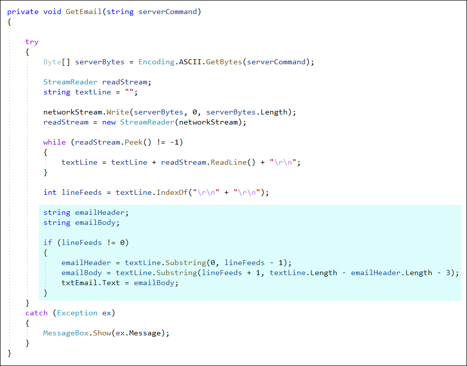 C# code to separate an email header from the body