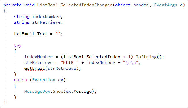 Using the SelectedIndexChanged event of a listbox in C# to issue the RETR command to an email server