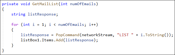 A C# method that gets a list of emails on the server