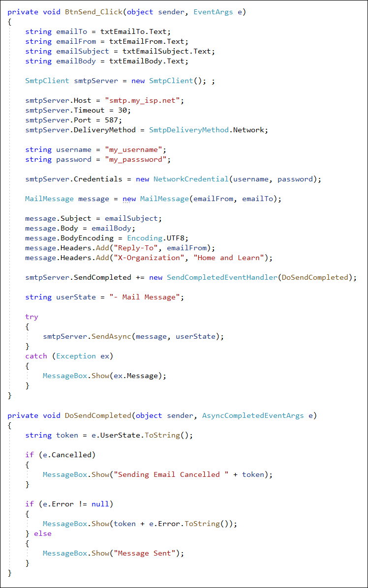 C# code for sending an email through an SMTP server