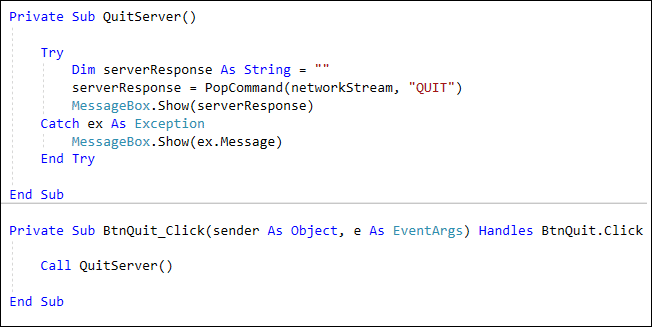 VB NET code issuing the QUIT command to an emai server