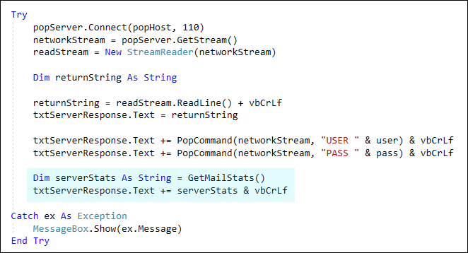Visual Basic .NET code showing a check for email stats