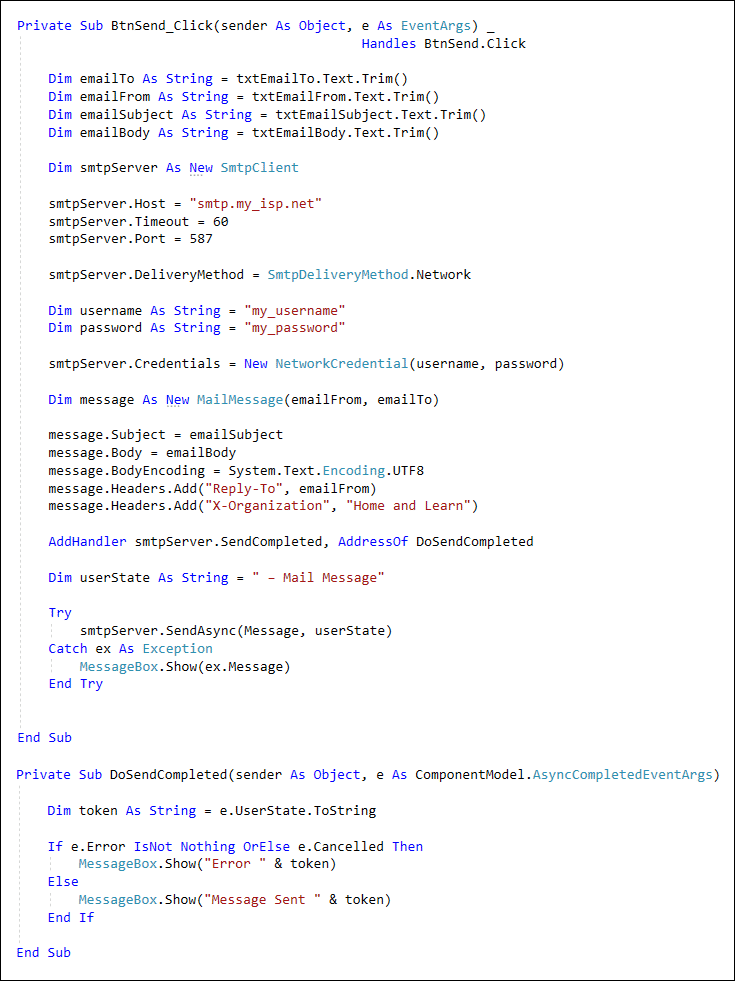 VB Net code for sending an email through an SMTP server