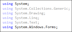 C# code showing a series of using statements