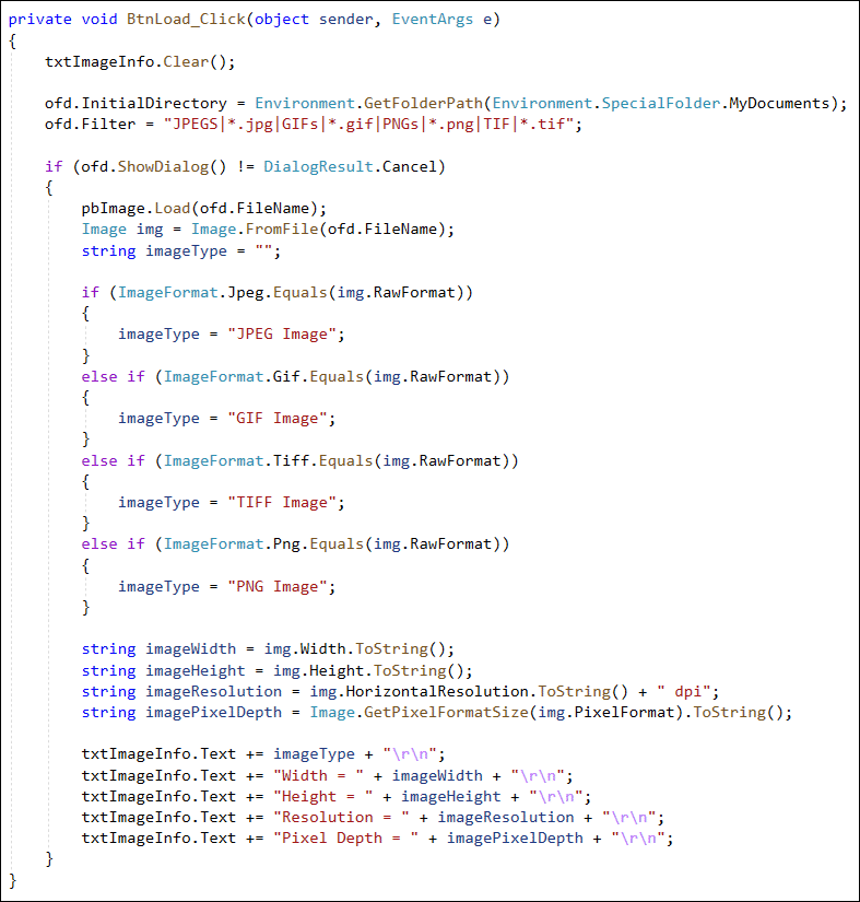 C# code that displays information about an image in a text box