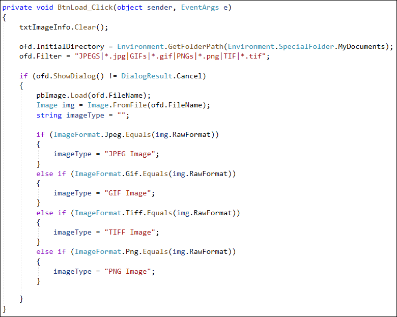 C# code showing how to get which type of image was opened from an OpenFileDialog control on a Windows Form