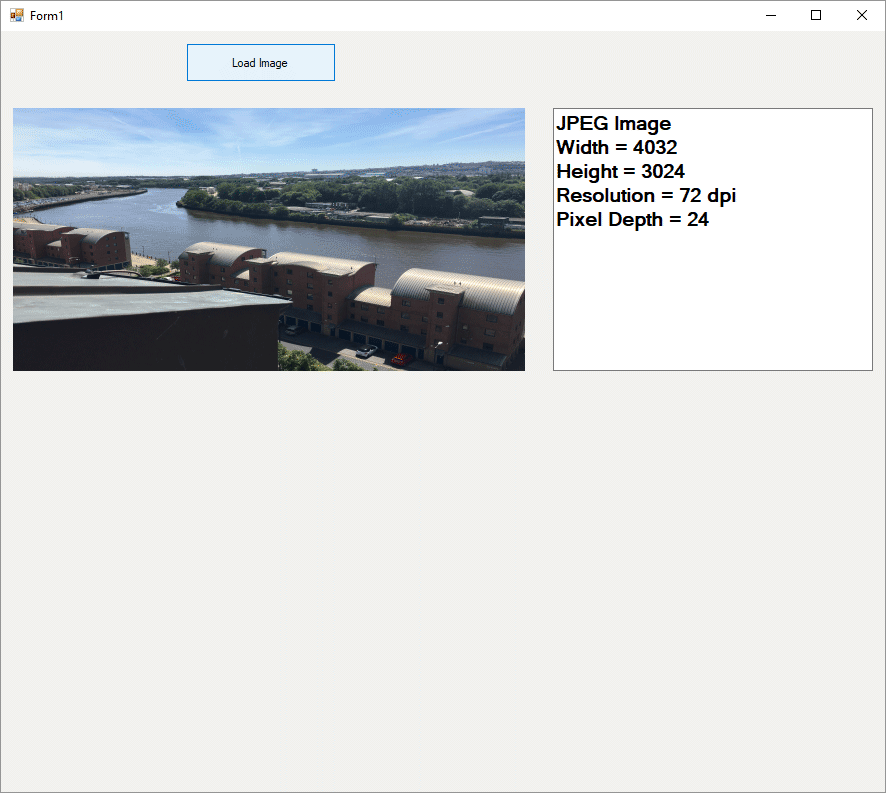 A Windows Form showing and image in a picture box and information about the image