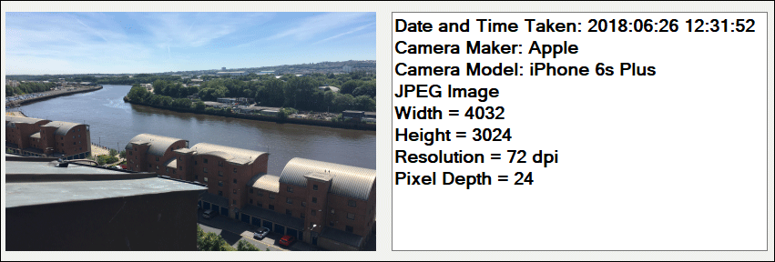 A JPEG showing information about the image: Date taken, Camera Maker, Camera Model, Width, Height, Resolution, and Pixel Depth