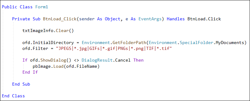 Visual Basic .NET code showing how to load an image in a picture box using an Open File Dialog box