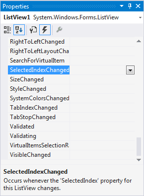 Visual Studio properties panel showing the SelectedIndexChanged event highlighted