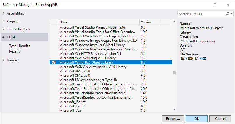 The Reference Manager dialog box in Visual Studio with the Word Object Library highlighted