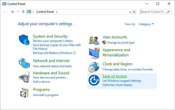 The Ease of Access item highlighted in the Windows 10 Control Panel