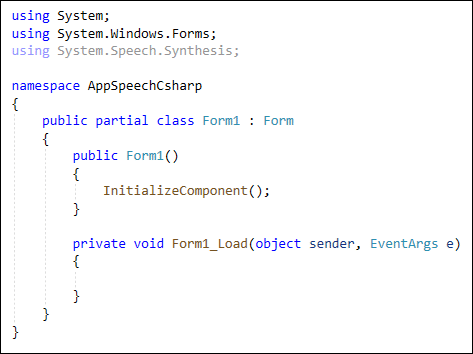 C# code with the Form Load event showing