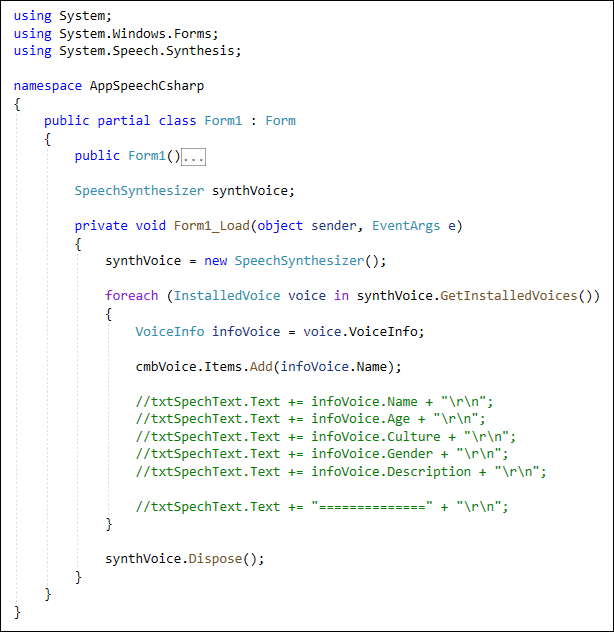 C# code that uses GetInstalledVoices to populate a Combo Box
