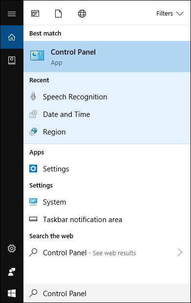 searching for the Control Panel in Windows 10