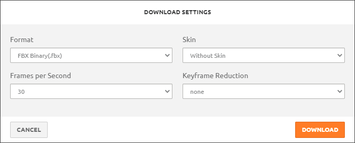 Mixamo dialogue box